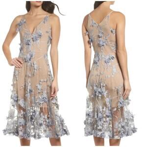 Dress The Population NWT Audrey Embroidered Fit & Flare Dress Size S Blue Nude